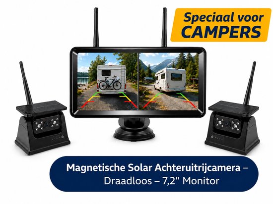 Dubbele Draadloze Magnetische Achteruitrijcamera met 7.2 Inch Display - Solar - Nachtzicht - Voor Camper, Caravan, Paardentrailer, Racetrailer en Aanhanger