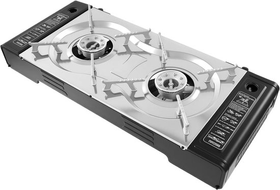 Dubbele Gasbrander - Camping Kookplaat - Buiten Koken - Met Grillplaat - 45 x 24 cm - Zwart Zilver