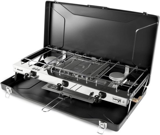 Dubbele Gasbrander - Kampeer Kooktoestel - Buiten Koken - Met Grill - 56 x 38 x 8 cm - Zwart