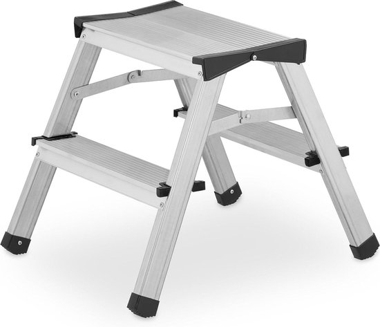 Dubbele inklapbare trap - 2 treden - lage huishoudtrap - tot 125 kg - zilver - afmetingen: ca. 38 x 39 x 46 cm van $
