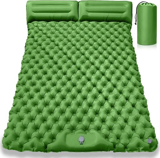 dubbele opblaasbare campingslaapmat, waterdichte opblaasbare slaapmat met voetpomp en kussen, ultralicht en draagbaar, geschikt voor kamperen, wandelen en reizen - groen van Merkloos