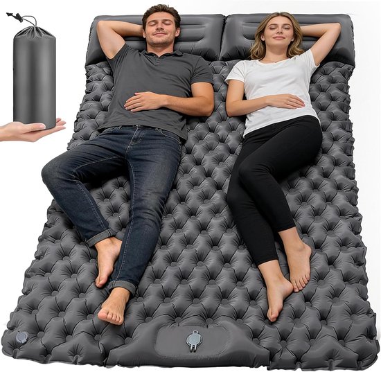 Dubbele Opblaasbare Kampeermat met Voetpomp en Twee Ingebouwde Kussens (190x123cm) – Comfortabele Waterdichte Luchtmatras voor Twee Personen