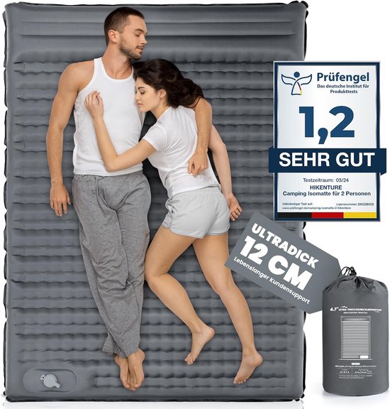 Dubbele Slaapmat - Luchtbed Camping - Outdoor Kamperen - Geïntegreerde Voetpomp - 12 cm Dik - Grijs