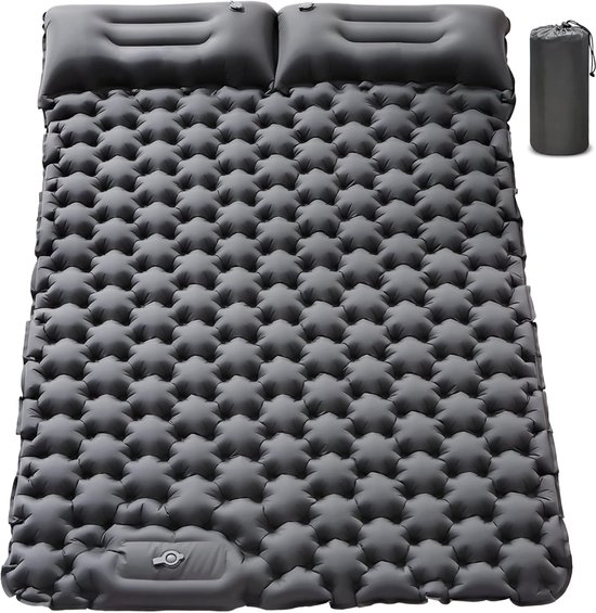 Dubbele slaapmat voor kamperen, zelfopblazend 10 cm extra dik dubbel kussen met ingebouwde voetpomp, waterdichte opblaasbare slaapmat voor backpacken, kamperen, wandelen, draagbaar kamperen (grijs-volledig) van Merkloos