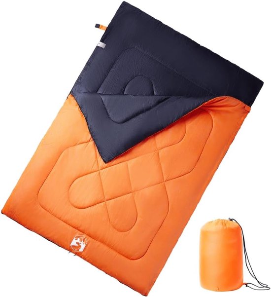 Dubbele slaapzak - Slaapzak voor twee - Kamperen buiten - Inclusief twee kussens - 220 x 150 cm - Oranje zwart