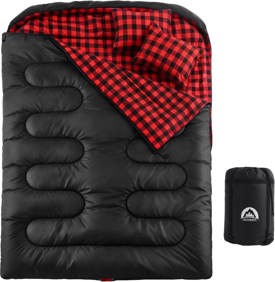Dubbele slaapzak - Slaapzak voor twee - Kamperen en reizen - 3 seizoenen gebruik - 230 x 160 cm - Zwart-rood