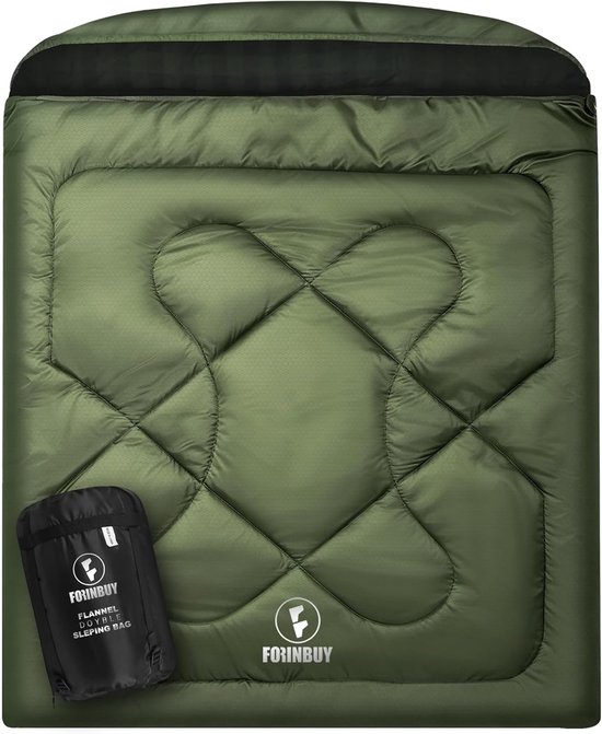 Dubbele Slaapzak - Tweepersoons Slaapzak - Kamperen en Outdoor - Flanel Gevoerd - 230 x 160 cm - Legergroen