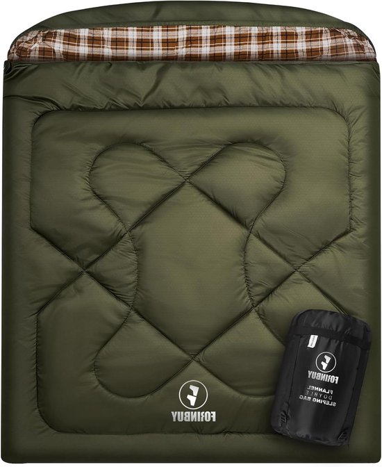 Dubbele Slaapzak - Tweepersoons Slaapzak - Kamperen en Outdoor - Flanel Voering - 230 x 160 cm - Olijfgroen