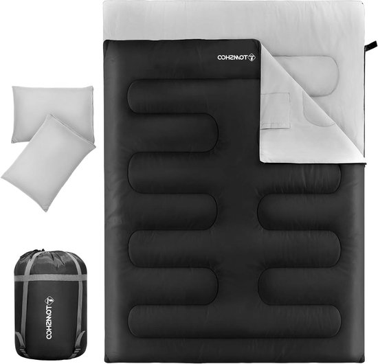Dubbele Slaapzak - Tweepersoons Slaapzak - Kamperen en Wandelen - Waterdicht Polyester - 230 x 160 cm - Zwart Grijs