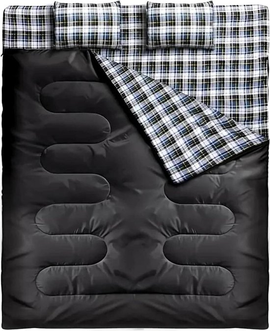 Dubbele Slaapzak - Tweepersoonszak Kamperen - Buiten Overnachten - Inclusief Twee Kussens - 220 x 150 cm - Zwart