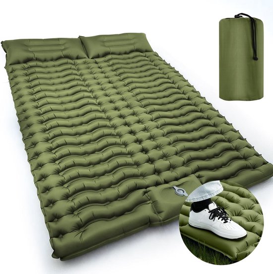 Dubbele Zelfopblazende Campingmat met Kussen, Brede Opblaasbare Matras voor 2 Personen, 10cm Dikke Slaapmat voor Kamperen en Wandelen
