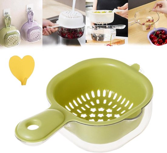 Dubbellaagse afdruiprek - Zeef met handvat - Groente en fruit wassen - Dubbele afvoer ontwerp