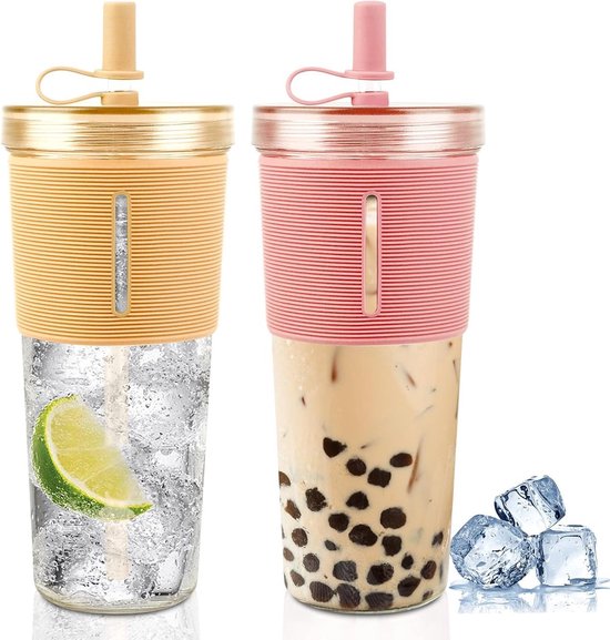 dubbelwandig, geïsoleerde plastic bekers, herbruikbare beker, voor smoothie, bubble tea, ijskoffie, 2 stuks