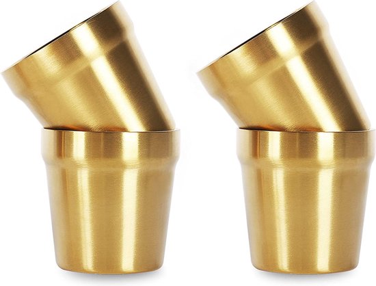 Dubbelwandige kopjes (4-delige set, goud) stapelbaar, koffiekopje, theekopje, chillen bierglazen, roestvrijstalen beker, ideaal voor reizen, outdoor, camping en dagelijks gebruik, 175 ml