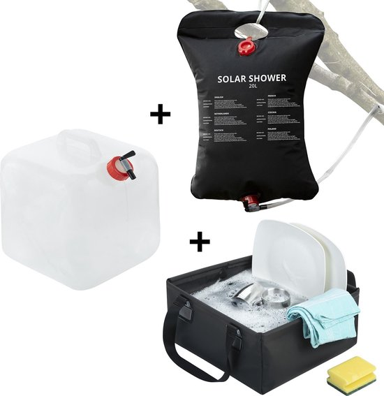 Dutch Mountains Camping Set - Camping Douche Solar 3 in 1 Waterset - 20 ltr Opvouwbare Jerrycan - 15 ltr Opvouwbare wasbak – Tuindouche - Waterreservoir van Dutch Mountains