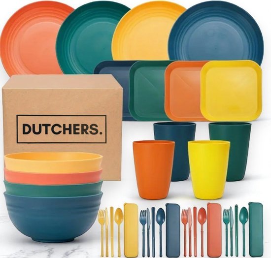 Dutchers® 36-Delig Kunstof Serviesset - Campingbestek set - BPA Vrij - Camping Borden - Bordenset - Dinerborden binnen en buiten - Vaatwasser-, Magnetron- & Vriezerbestendig - Kampeerset - Keukenset - Picknickset - Picknick - Onbreekbaar