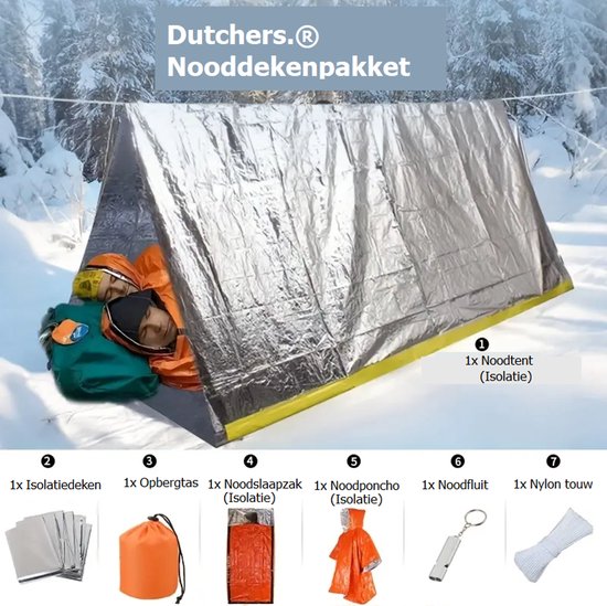 Dutchers.® Nooddekenpakket - * - Set van 8 Benodigdheden - Noodsituaties - Inclusief Multifunctionele Overlevingsarmband - Noodfluitje - Noodtent - Isolatie Poncho - Isolatiedeken - Reddingsdeken - Overlevingspakket - Survivalset van Dutchers