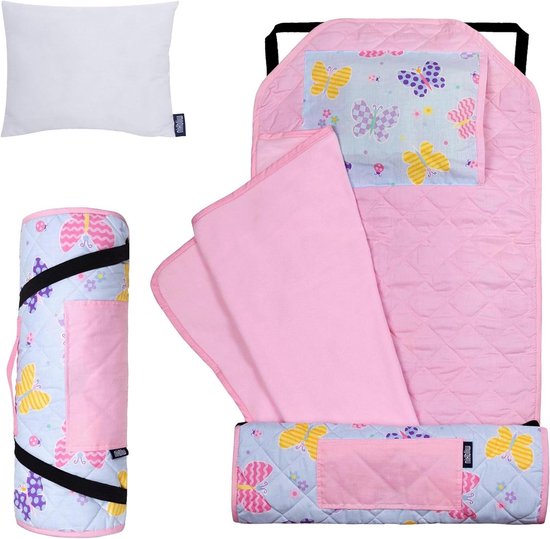 Dutsmat met Kussen - Slaapmat Kinderdagverblijf - Comfortabel Slapen - Bevestigingsbanden voor Bedje - 125 x 50 cm - Geel