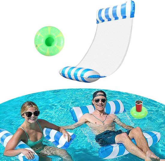 Duurzaam Waterbed voor Volwassenen en Kinderen, 4-in-1 Opblaasbare Hammock met Net en Bekerhouder voor Zwembaden en Stranden