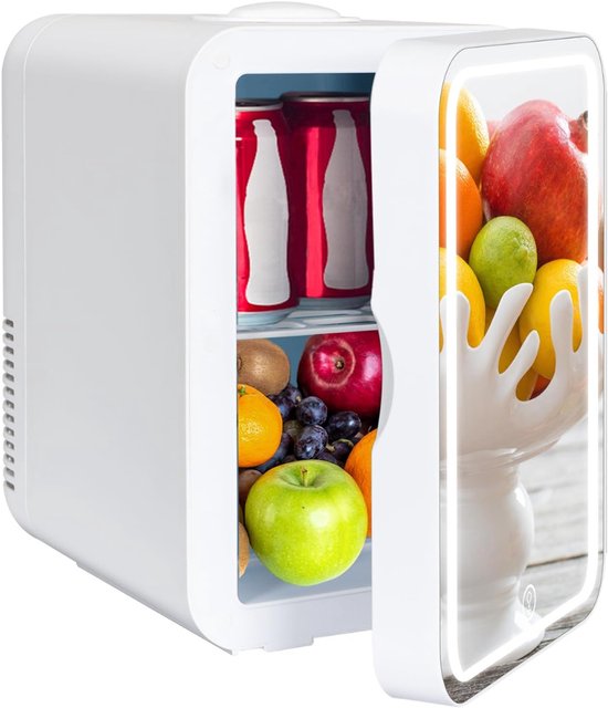 DYNA® Skincare Fridge - Mini Koelkast 8 Liter - Met Spiegel en Verlichting - Mini Fridge - Wit - ‎20cm x 26cm x 30cm