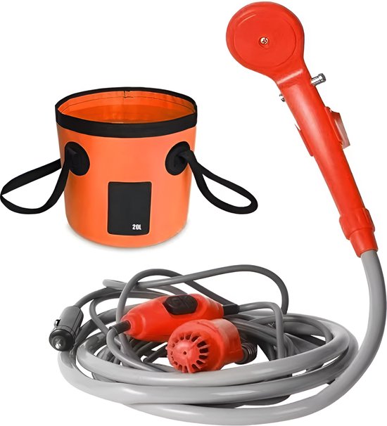 E-Shop4u - Auto Douche - Douche Pomp - Draagbare Douche - Auto Douche Pomp - Douche - Douchekop - Douche Slang - Douche Set - Auto - Reizen - Kamperen - Oranje - 12V - 3,5 l/min - 5 Meter - 2 Meter - Universeel - DC 12V - Zwart van E-Shop4u