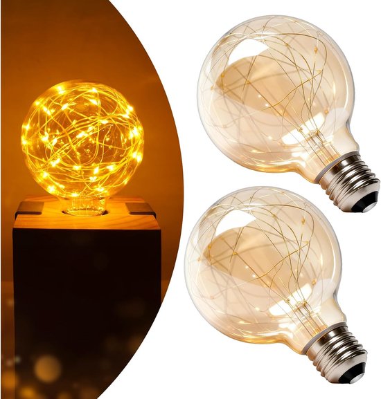E27 LED Vintage Light Bulb Screw, 1.5W Energy Saving Light Bulbs ES, G95 Globe Fairy Light Bulbs Screw in, Amber Glass Decorative Light Bulb Warm White 2200K, AC220-240V, Non-dimmable-2Pack