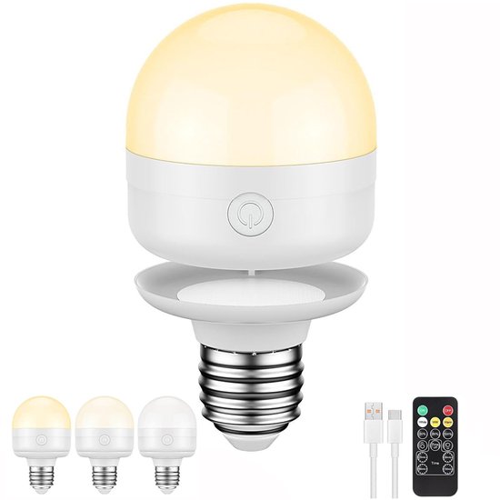 E27 Oplaadbare LED Lamp 7W met Afstandsbediening & Timer – Magnetische Dimbare Lamp met USB-C Opladen, 2500mAh Batterij, 3 Kleurtemperaturen – Draadloze Noodverlichting voor Binnen & Buiten