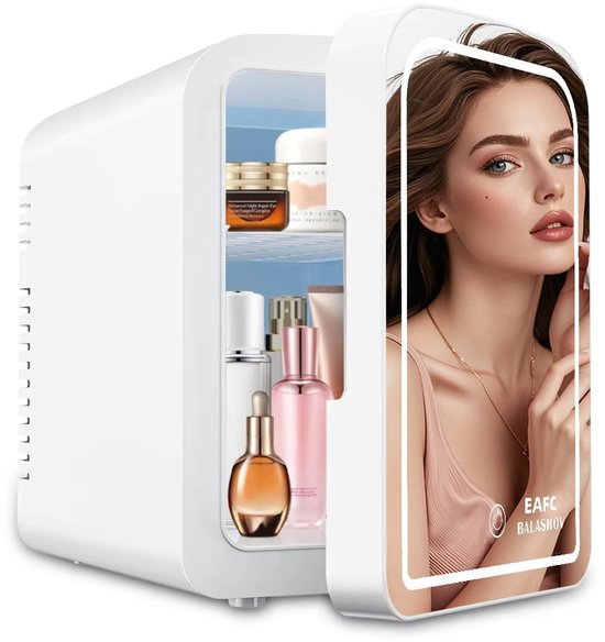 EAFC Skincare Fridge - Mini Koelkast - Make-up Koelkast met Spiegel - Beauty Fridge met Spiegel en 3 Standen Ledverlichting - Draagbare koeler Warmer - Thuisauto Dubbel gebruik - 6 Liter - Wit