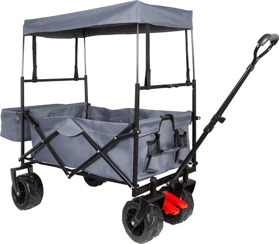 EASTWALL Bolderkar - Opvouwbare Handkar met Dak - 115 x 63 x 110 cm - Transportkar - Tot 80 kg - Verstelbare duw- en trekhandgreep - Inclusief Transparante Regenhoes met Ritssluitingen - Afneembaar Dak - Zwart/Grijs van EASTWALL