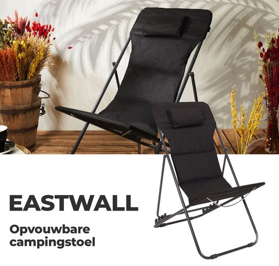 EASTWALL strandstoel - opvouwbare campingstoel - comfortabele visstoel - zwart metalen vouwstoel - L82xB56xH93cm - draagvermogen tot 110kg van EASTWALL