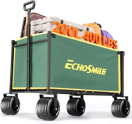 EchoSmile Bolderkar, opvouwbaar, 200 liter, 180 kg belastbaar, handwagen, transportwagen, inklapbaar met verstelbare handgreep, brede wielen, voor alle terrassen, strandwagen, tuinwagen, winkelwagen