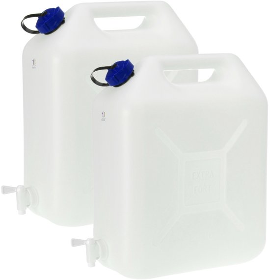 EDA Jerrycan voor water - 2x - 20 liter - Kunststof - met kraantje en dop - Water halen - camping - 41 x 17 x 44 cm van Merkloos