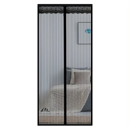 Een magnetische deur met een klamboe-ontwerp, voorzien van gestreepte kanten details, een magnetische sluiting van boven tot onder, automatische sluiting en bevestigingsmiddelen met haken en lussen,Zwart, 80x210 cm
