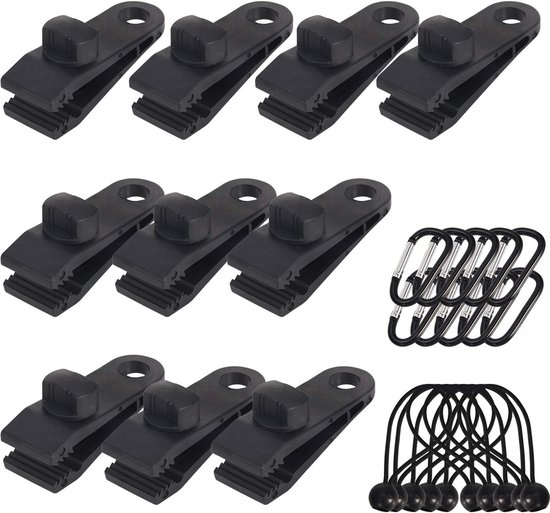 Een set accessoires voor kampeertenten voor buiten - 10 zeilclips - 10 D-vormige gespen - 10 elastische ballen - gebruikt voor het bevestigen van dekzeilen, luifels, dekzeilen van Unkno.