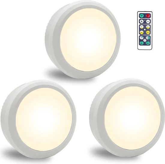 Een set van 3 draadloze LED-spotjes, op batterijen, met een warm wit licht van 3000K, dimbaar, met afstandsbediening en aanraakbediening, magnetische of zelfklevende bevestiging en timerfunctie.