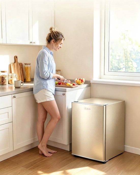 Eendeurs minikoelkast 29L alleen koelfunctie goudkleurig energielabel A geluidsniveau 38 dB voor studentenkamer kantoor en slaapkamer afmetingen 55*40*39 cm van learnlogic