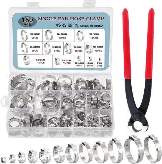Eénoors slangklemmen set 150 stuks - Roestvrij staal, 12 maten (6-33 mm) met slangklemtang - Ideaal voor brandstofleidingen en meer van Merkloos