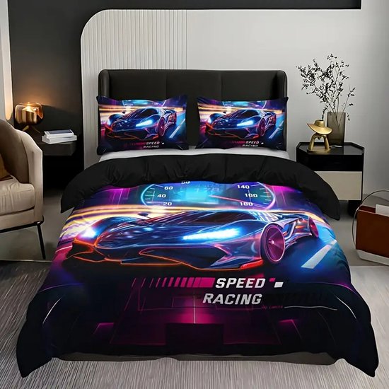 Eenpersoons Dekbedovertrek 140 x 200 - 3D Raceauto Design - Race - Auto - Mooie Kwaliteit - Jongens - Kind - Tiener - Volwassene van Melli Mello