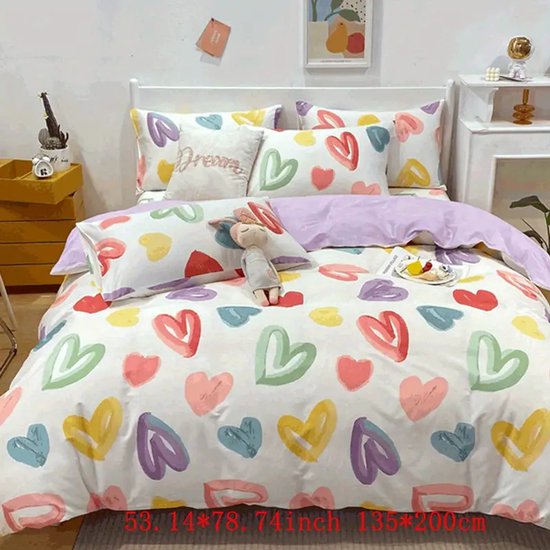 Eenpersoons Dekbedovertrek 140 x 200 - Hartjes - Kleurrijk - Lila - Mooie Kwaliteit - Kind - Meisje van HIP