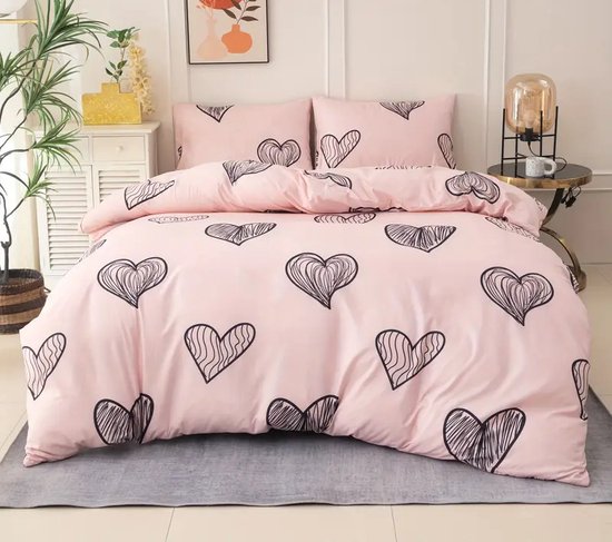 Eenpersoons Dekbedovertrek 140 x 200 - Roze - Meisje - Hartjes - Harten - Kind - Tiener - Volwassene van Merkloos