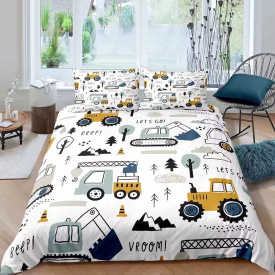 Eenpersoons Dekbedovertrek 140 x 200 - Voertuigen - Vrachtwagen - Graafmachine - Tractor - Bulldozer - Peuter - Kleuter - Kind - Mooie Kwaliteit - Jongen van Merkloos