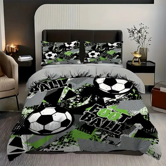 Eenpersoons Dekbedovertrek 140 x 200 - Voetbal - Soccer - Groen - Zwart - Ballen - Jongens - Mooie Kwaliteit - Kind - Tiener - Volwassene van Melli Mello