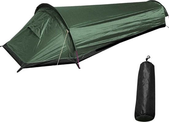 Eenpersoons Tent 220x90cm - Survival Tent Army Green - Inclusief Draagtas - Groene Ultralichte & Compacte Outdoor Tent Voor 1 Persoon - Camping - Waterbestendig Oxford Doek - Slaapzak