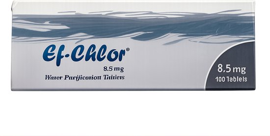 Ef-Chlor Waterzuiveringstabletten 8.5 mg - 100 Tabletten voor 100 Liter Drinkwater - 5 jaar houdbaar - Vernieuwde Verpakking - Noodpakket, Camping, Reizen, Outdoor & Survival van Merkloos