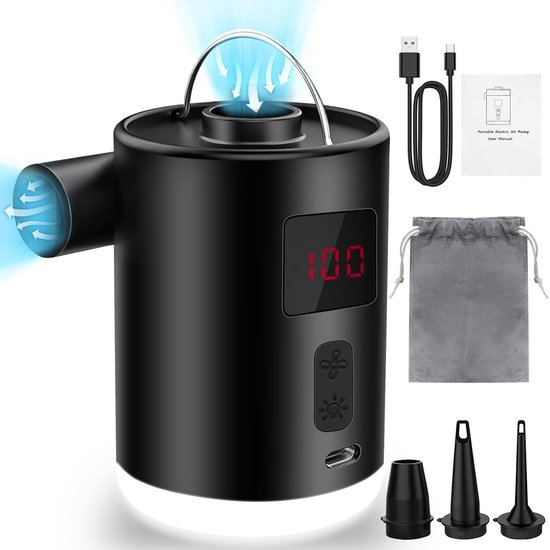 Electric Air Pump 4000 mAh - Hangable Illuminated Mini Pump with 3 Air Jets - Portable for Airbeds, Kayaks, Inflatable Swimming Rings van Merkloos