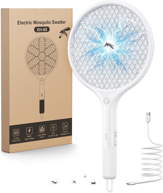 Electric Fly Zapper, 4000V Bug Swatter Racket Mosquito Killer, USB-C Rechargeable with Safe 3-Layer Mesh & LED Light, Lightweight Handy Fly Bat for Indoor, Outdoor, Home & Camping