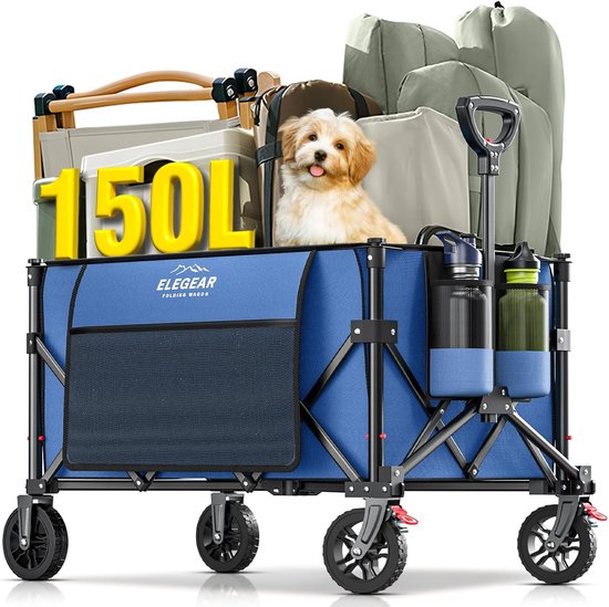 Elegant Camping Hand Cart - 150L Vouw Station Wagon - Verstelbare 360° All Terrain Wielen - Buiten Tuin - Vakantie Picknick Multifunctioneel Transport Voertuig - Blauw van Merkloos