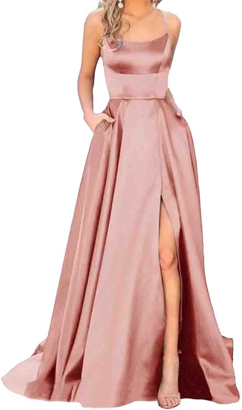 Elegante lange baljurk met zakken, satijn, A-lijn, backless bruiloftsjurk, avondjurken, sexy halterjurk, spaghetti bruidsjurk, lange prinsessenjurk, bruidsmeisjesjurk