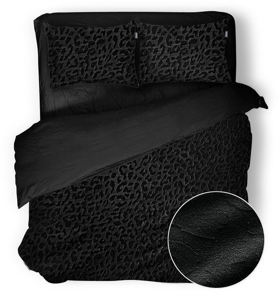 Eleganzzz Dekbedovertrek Micro Mink Leopard - Black - Dekbedovertrek 200x200/220cm - Velvet Dekbedovertrek - 100% Velvet - Tweepersoons dekbedovertrekken van Merkloos