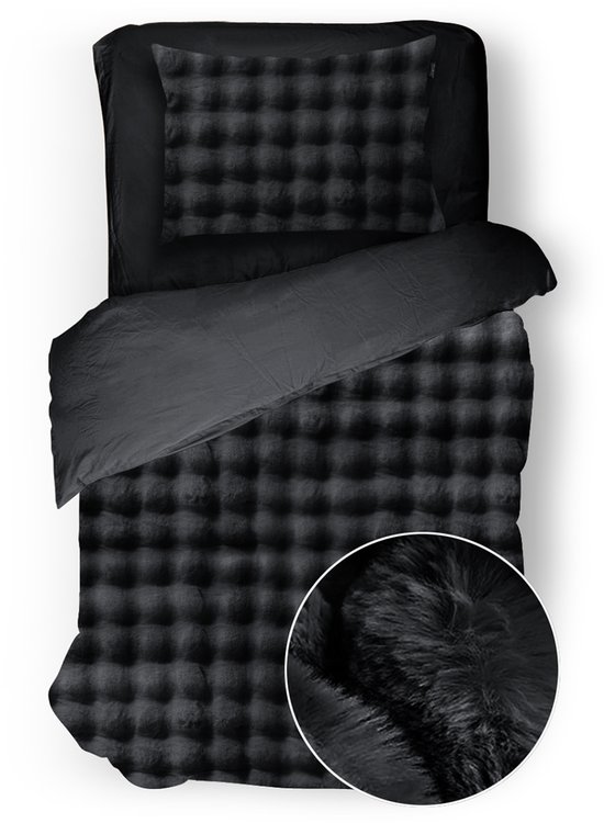 Eleganzzz Dekbedovertrek Shiny Bubble Pom Pom Flanel Fleece - Black - Dekbedovertrek 140x200/220cm - 100% flanel fleece - Eenpersoons dekbedovertrekken - 140x220cm - Teddy Dekbedovertrek - Fluffy Dekbedovertrek van Eleganzzz